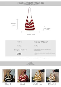 Tableau des tailles et sacs cabas tissés multicolores montrant mesures et styles de plage