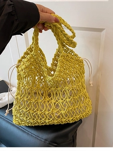 Women's Summer Beach Straw Woven Shoulder Bag Hollow Out Handcrafted Mesh Tote With Drawstring Inner Pocket Vacation Bag