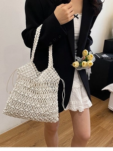 White macrame hollow-out woven shoulder bag for summer beach holiday style with drawstring