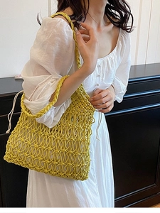 Ginger yellow handmade crochet woven tote bag with shoulder strap for summer beach