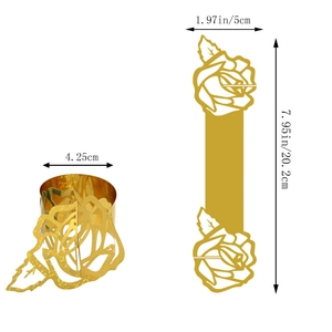 Detailed size chart for golden hollow rose napkin ring with dimensions and macro view