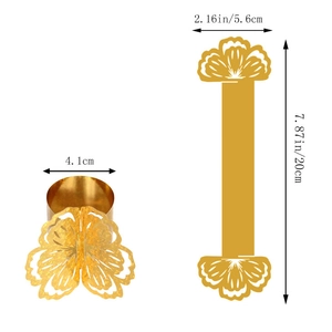 Flat lay and folded views of gold glitter laser cut flower napkin rings with dimensions
