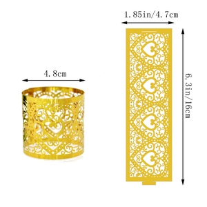 Detailed dimensions of hollow heart napkin ring showing diameter and length in gold finish