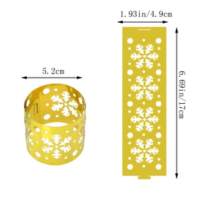 Detailed dimensions of gold snowflake paper napkin ring showing flat and rolled sizes