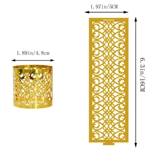 Detailed view showing dimensions of golden hollow-out napkin rings with floral laser cut