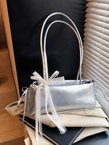 Women Fashion PU Leather Underarm Bag Lace Bow Rectangular Shoulder Bag Elegant Commuter Handbag Pleated Solid Color Purse