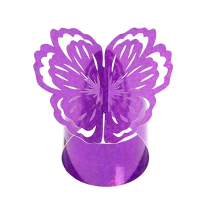 Detailed view of purple laser-cut paper butterfly napkin ring with glitter finish
