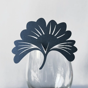 Dark blue ginkgo leaf place cards for wine glasses with laser cut vein patterns