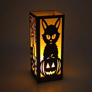 Halloween spooky black cutout lantern with pumpkin cat and spider web warm light