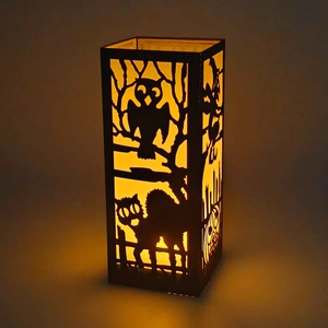 Halloween black hollow silhouette paper lantern with owl and pumpkin warm LED light