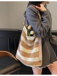 Fashionable woven tote bag with beige brown stripes and hollow crochet knit design