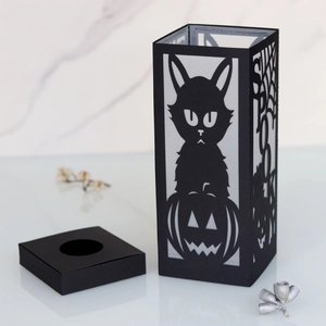 Halloween black hollowed paper lantern set with black cat on pumpkin and spooky text design