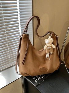 Women Large Capacity PU Suede Hobo Backpack Retro Casual Commuting Shoulder Bag With Bear Plush Pendant Fashion Tote Bag