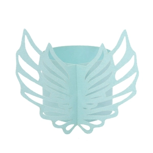 Detail of laser-cut light blue paper napkin ring with elegant hollow wing design
