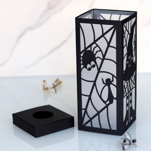 Halloween black spider web paper lantern with laser-cut patterns and square base