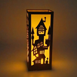 Halloween black lantern with orange LED light featuring castle and cemetery silhouettes