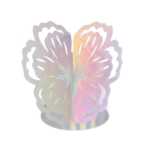 Iridescent laser-cut butterfly napkin ring with hollow wings and shimmering finish