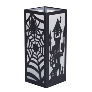 Halloween black hollow spider web and castle paper lantern cover with 4-sided pillar design