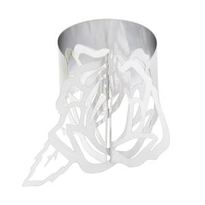 Detail showing intricate hollow rose design on silver metallic napkin ring