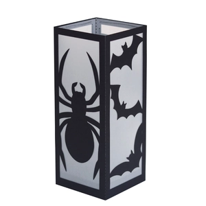 Halloween decorative lantern featuring cutout patterns of spiders and bats on black frame