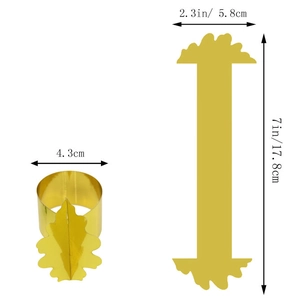 Spécifications de taille pour les ronds de serviette feuille dorée en vue plate et roulée