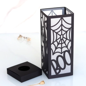 Halloween black laser-cut castle and spider web paper lantern with BOO design and base