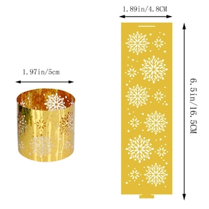 Flat and rolled views of golden snowflake napkin ring with precise dimensions