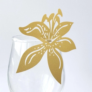 Elegant champagne gold lily laser-cut paper wine glass card for wedding table decoration