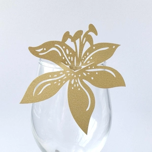 Elegant lily flower pearl gold wine glass card for wedding banquets and table decor