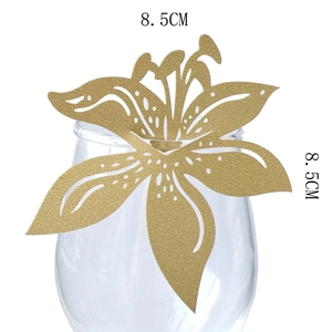 Golden lily flower wine glass paper cards for wedding table decor, 8.5cm size