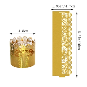 Detailed size chart for golden laser-cut lace napkin ring with precise measurements
