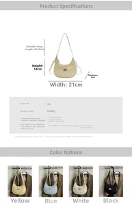 Detailed dimension chart and color options for PU leather half-moon crossbody bag