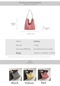 Detailed size chart for the striped fabric tote bag showing dimensions and materials