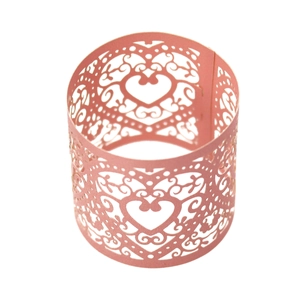 Detailed laser-cut pink paper napkin ring with elegant hollow heart and vine patterns