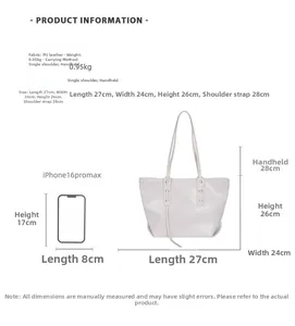 Detailed size chart of the grey croc-embossed tote bag with PU leather dimensions