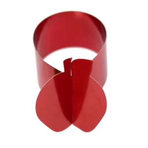 Polished red apple napkin ring with a metallic mirror finish for holiday table decor
