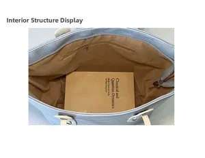 Top view of the light blue tote bag showing spacious brown interior and zip pocket