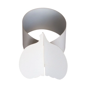 Detail of white and silver pumpkin-shaped paper napkin ring with a sleek mirror finish