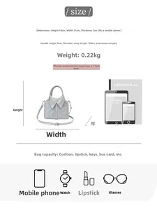 Detailed size chart showing 21x18x7cm dimensions for this grey shirt-collar handbag