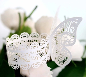 Macro detail of laser-cut butterfly napkin ring with elegant lace hollow pattern