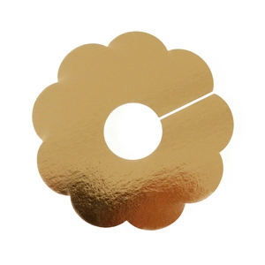Detail of petal-shaped gold foil wine glass markers with reflective metallic finish