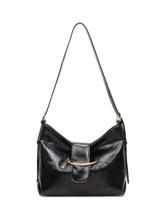 Minimalist black faux leather shoulder bag with glossy finish and gold metal buckle