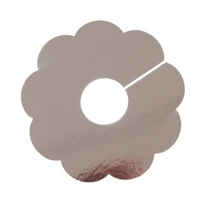 Close-up of flower shaped silver wine glass cards with metallic finish for parties