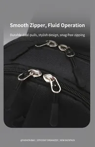 Close-up of double metal zippers with non-slip cords on black multi-functional chest bag