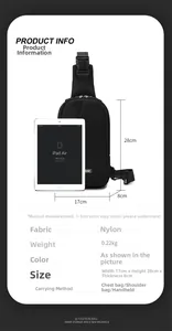 Detailed size specifications of the black nylon chest bag with 17x28x8cm dimensions