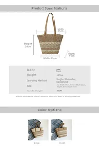 Detailed size specifications of the woven tote bag with dimensions and strap height info