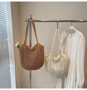 Detail of woven mesh tote bags in brown and beige showing dense crochet texture