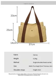 Detailed size chart of canvas tote bag with dimensions and handle height measurements