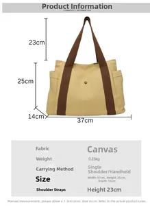 Detailed size chart of canvas tote bag with dimensions and handle height measurements