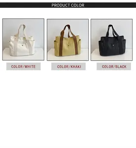 Three minimalist canvas tote bags in white, khaki, and black featuring open side pockets